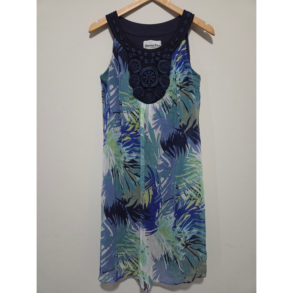 Another Thyme Tropical‎ Palm Crochet Bib Sleeveless Shift Dress Blue Green 12